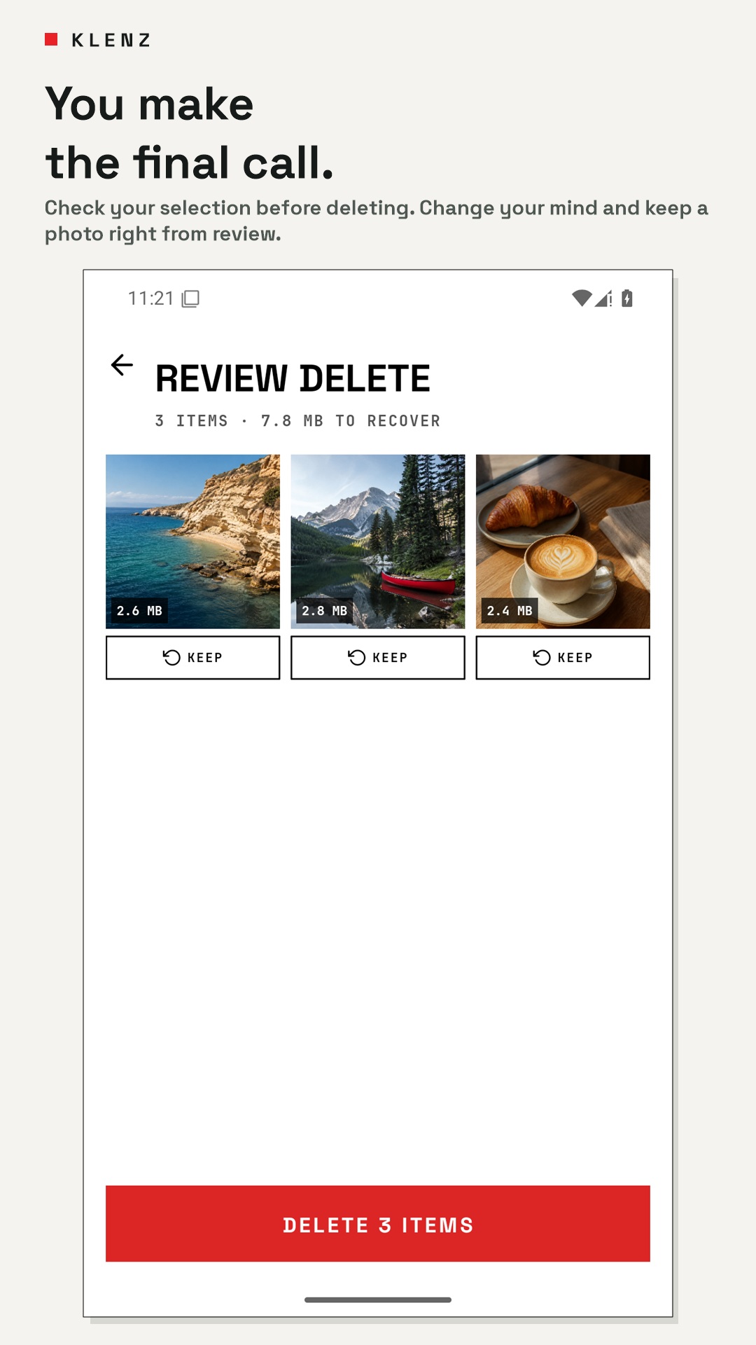 Deletion review lets you keep individual photos before confirming deletion.
