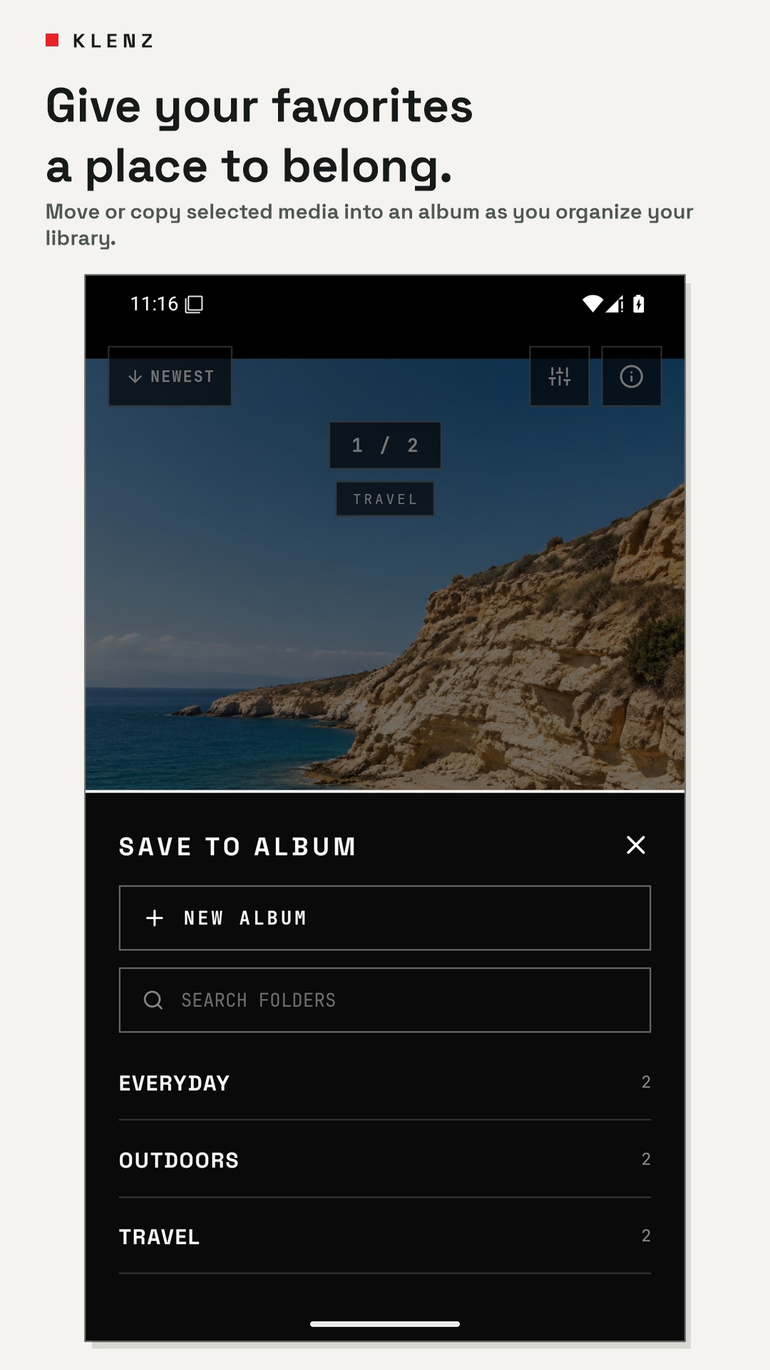 Save to album screen in Klenz. Organize as you go.