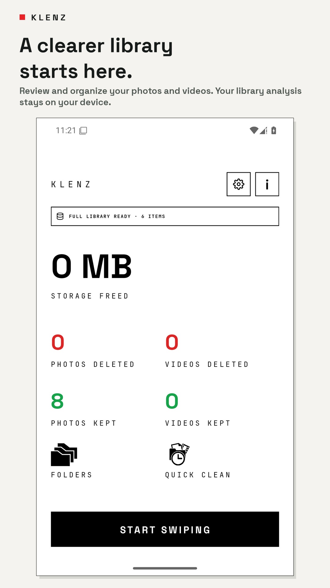 Klenz home shows storage freed, media kept, folders, and Quick Clean.